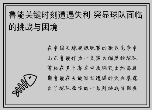 鲁能关键时刻遭遇失利 突显球队面临的挑战与困境