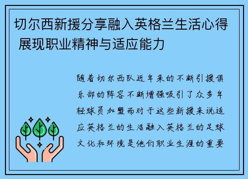 切尔西新援分享融入英格兰生活心得 展现职业精神与适应能力