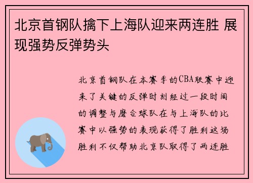 北京首钢队擒下上海队迎来两连胜 展现强势反弹势头