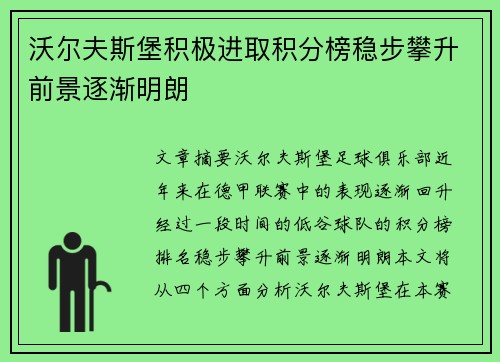 沃尔夫斯堡积极进取积分榜稳步攀升前景逐渐明朗