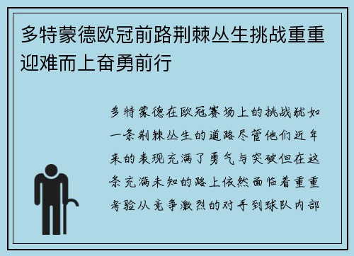 多特蒙德欧冠前路荆棘丛生挑战重重迎难而上奋勇前行