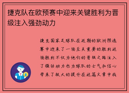 捷克队在欧预赛中迎来关键胜利为晋级注入强劲动力