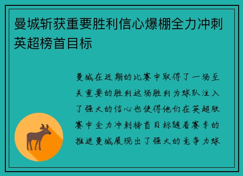 曼城斩获重要胜利信心爆棚全力冲刺英超榜首目标