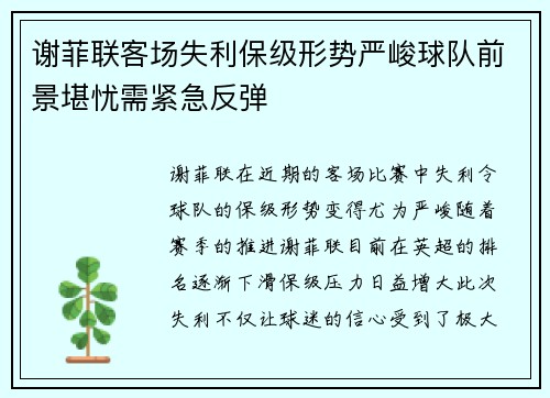 谢菲联客场失利保级形势严峻球队前景堪忧需紧急反弹